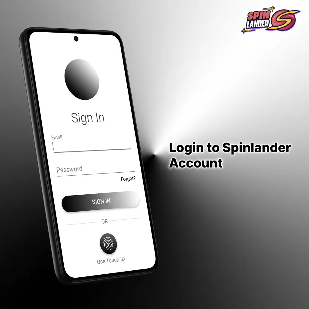 Spinlander account login page showing email and password fields with sign-in button for quick casino access