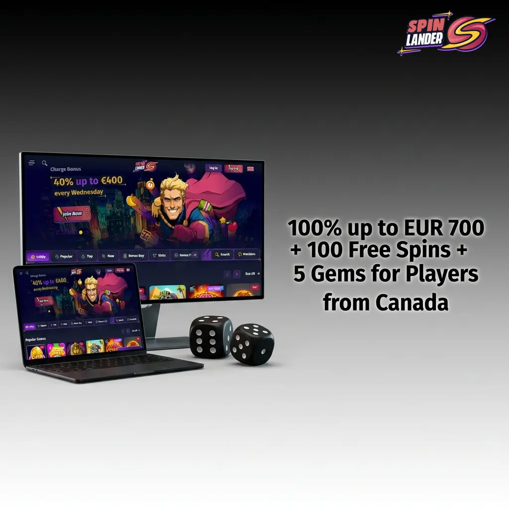 Spinlander welcome bonus 100% match up to EUR 700 plus 100 free spins and 5 gems for Canadian players