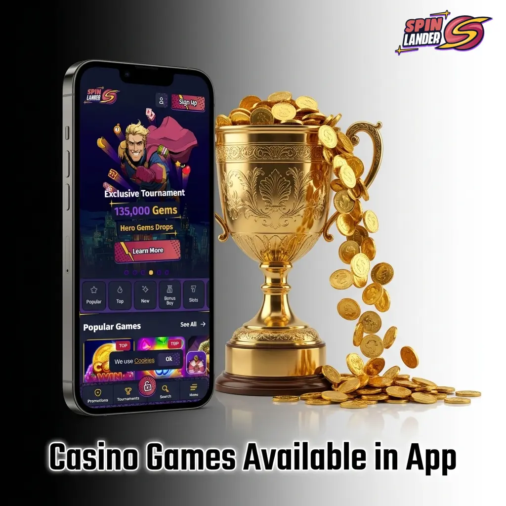 Spinlander mobile casino app showing slots, live blackjack, roulette, baccarat, and crash games from top providers