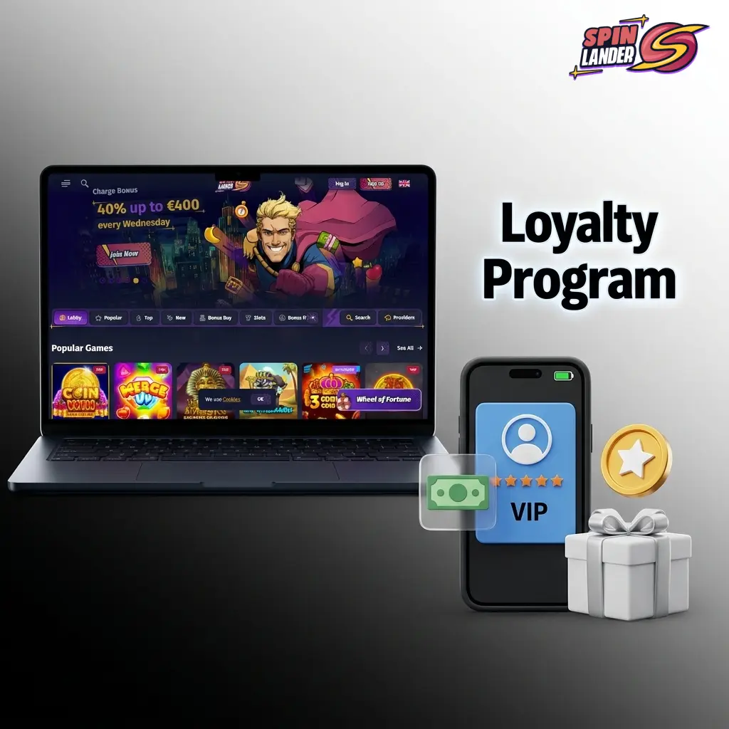 Spinlander tiered loyalty program chart showing Bronze to Diamond levels with Gem rewards and VIP perks
