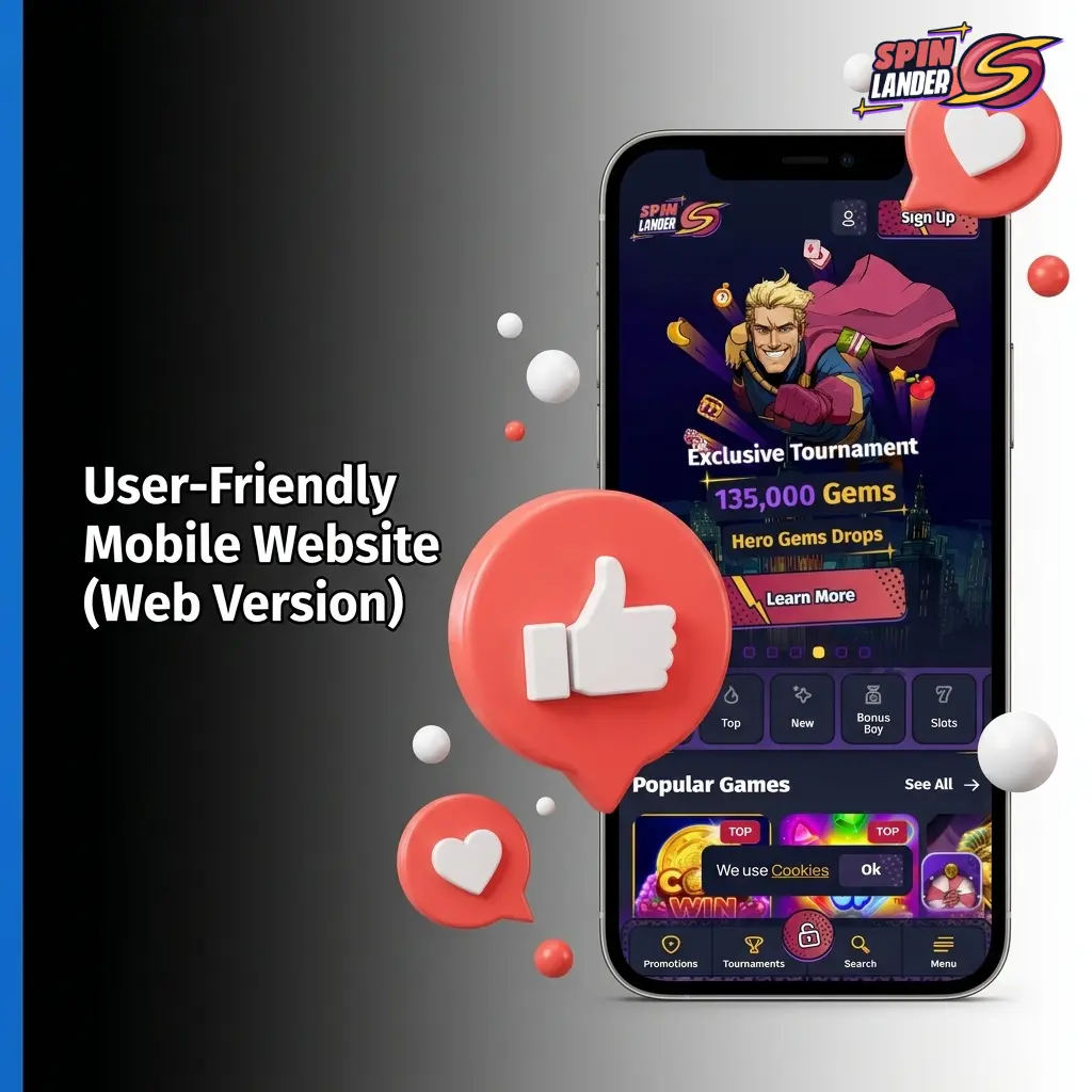 Spinlander mobile website on smartphone browser showing casino games and sports betting with no download required