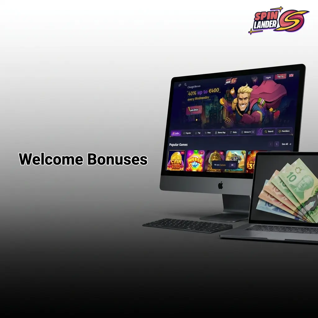 Spinlander welcome bonus offering 100% deposit match up to 700 EUR, 100 Free Spins, and 5 Gems for new players