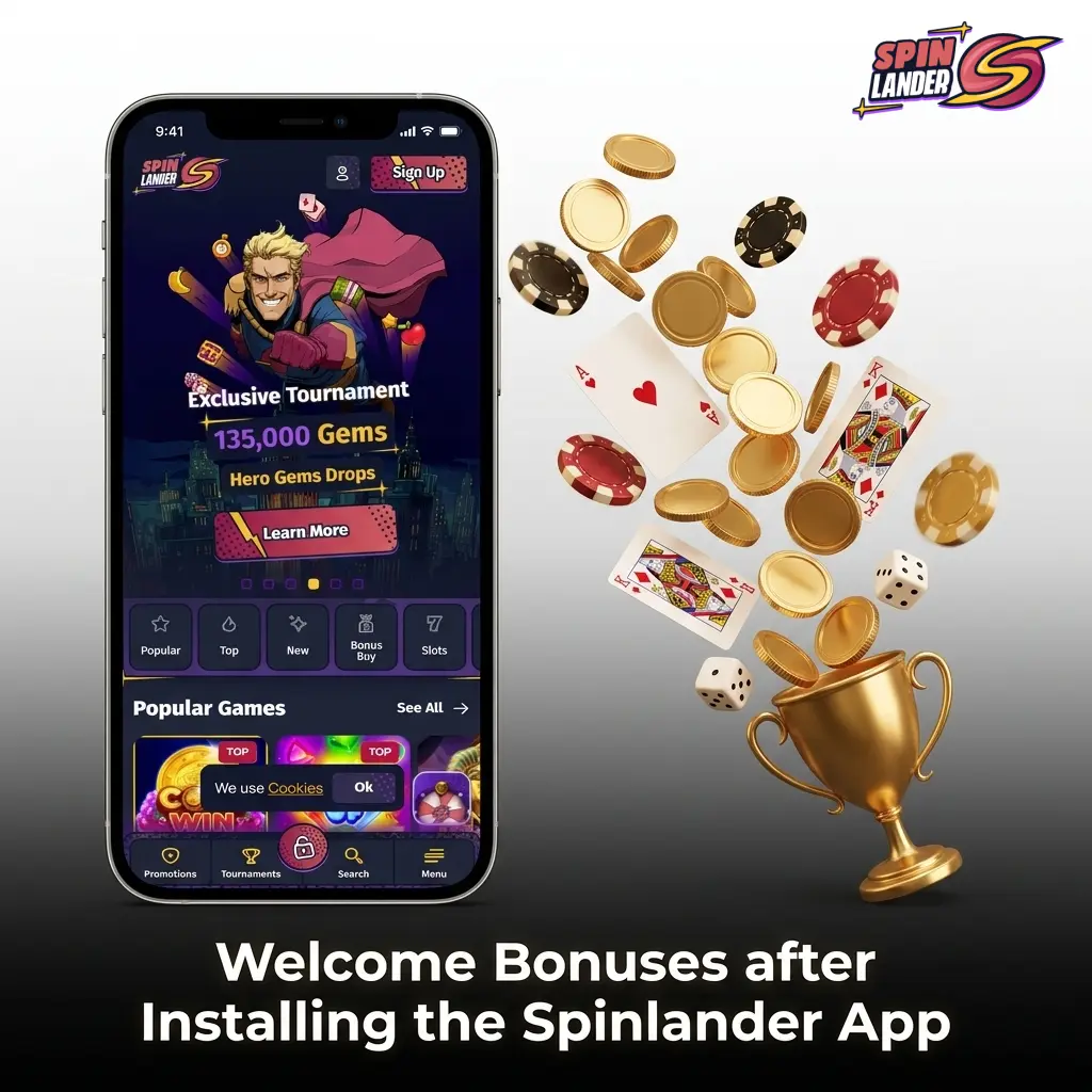 Spinlander app welcome bonus showing 100% deposit match up to 700 EUR, 100 free spins, and 5 gems for new players